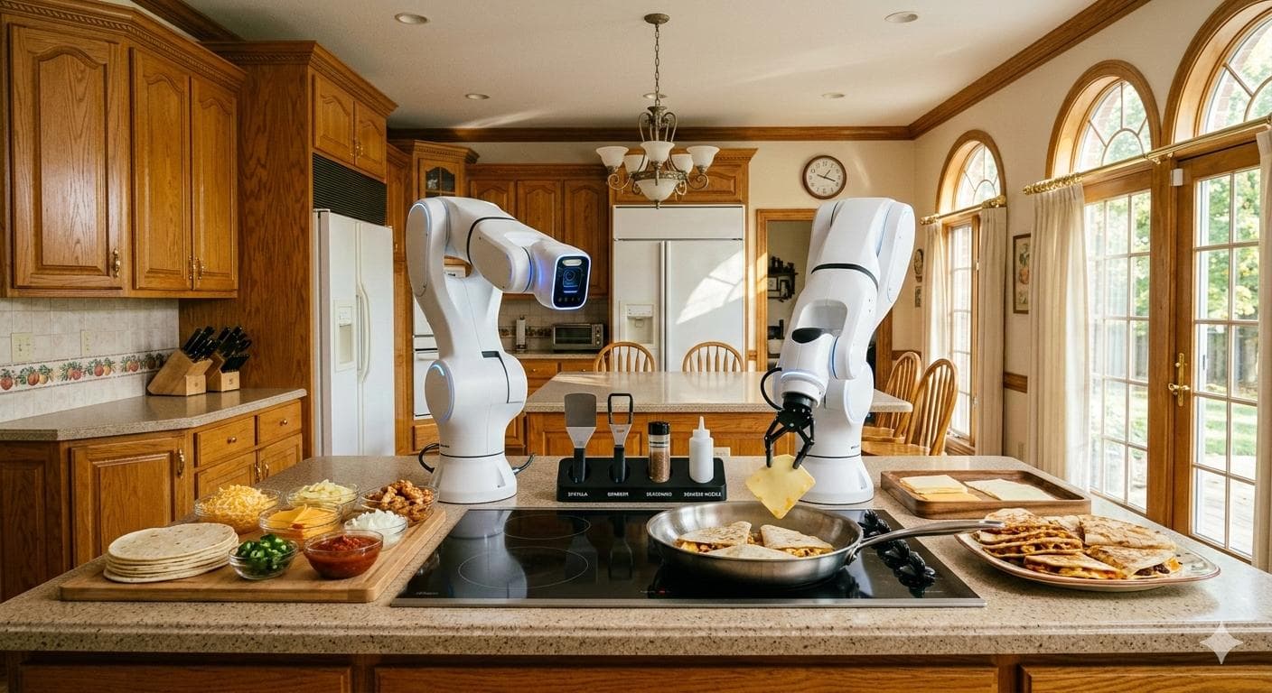 Oasis Home robotic arms cooking on a kitchen counter